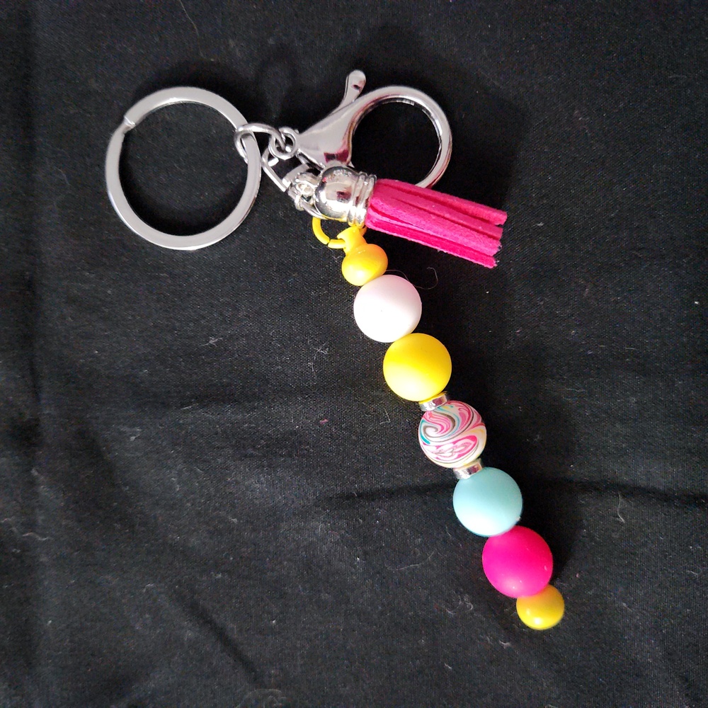 Colorful Beaded Keychain with Pink Tassel